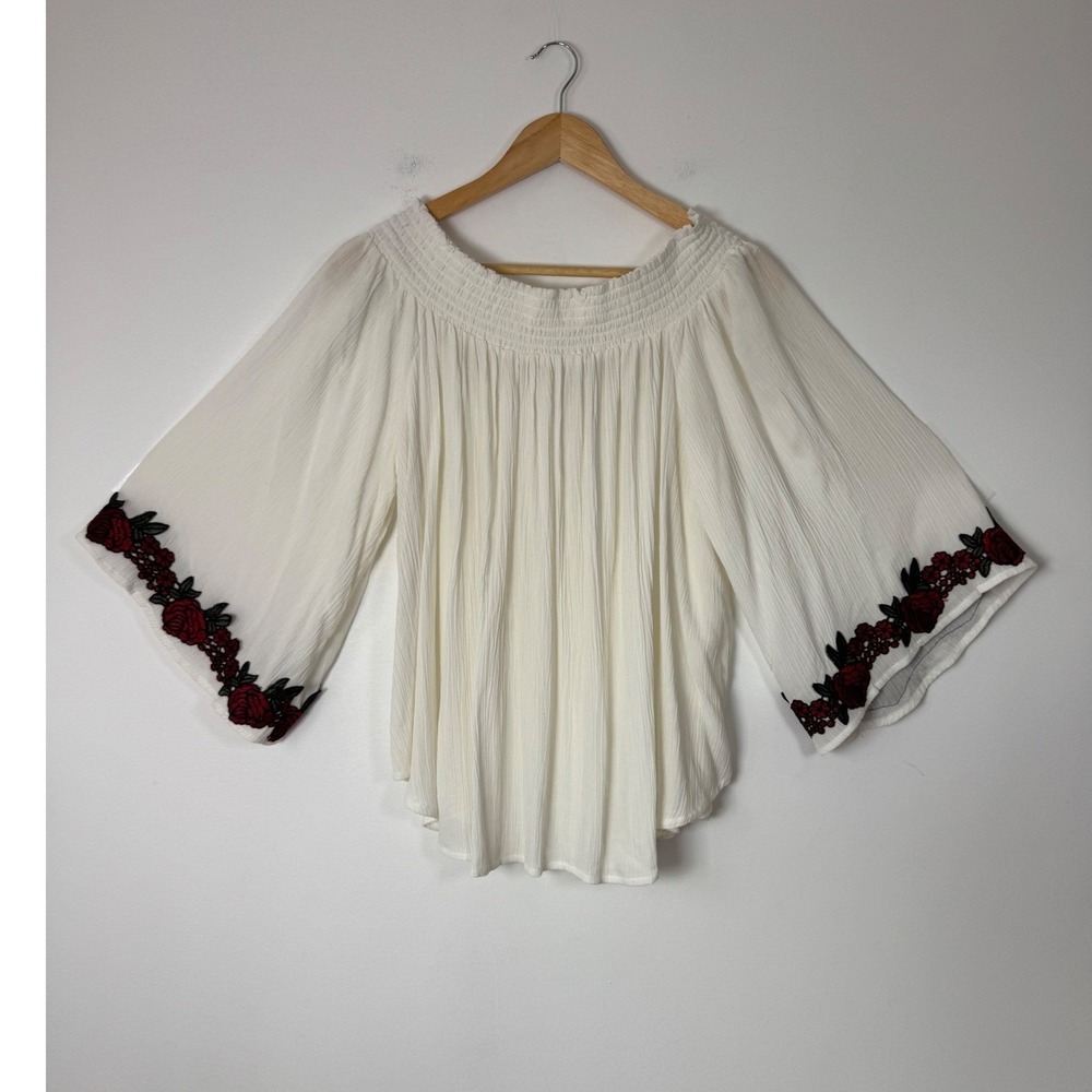 Boho Forever‎ 21+ Womens 3X Blouse White Floral Embroidered Bell Sleeve Smocked